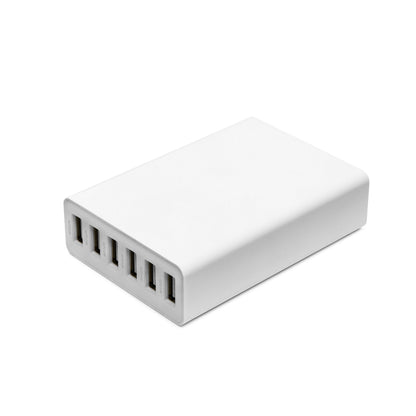 USB-opladestation med 6 USB-porte, rektangulært design, farve hvid.