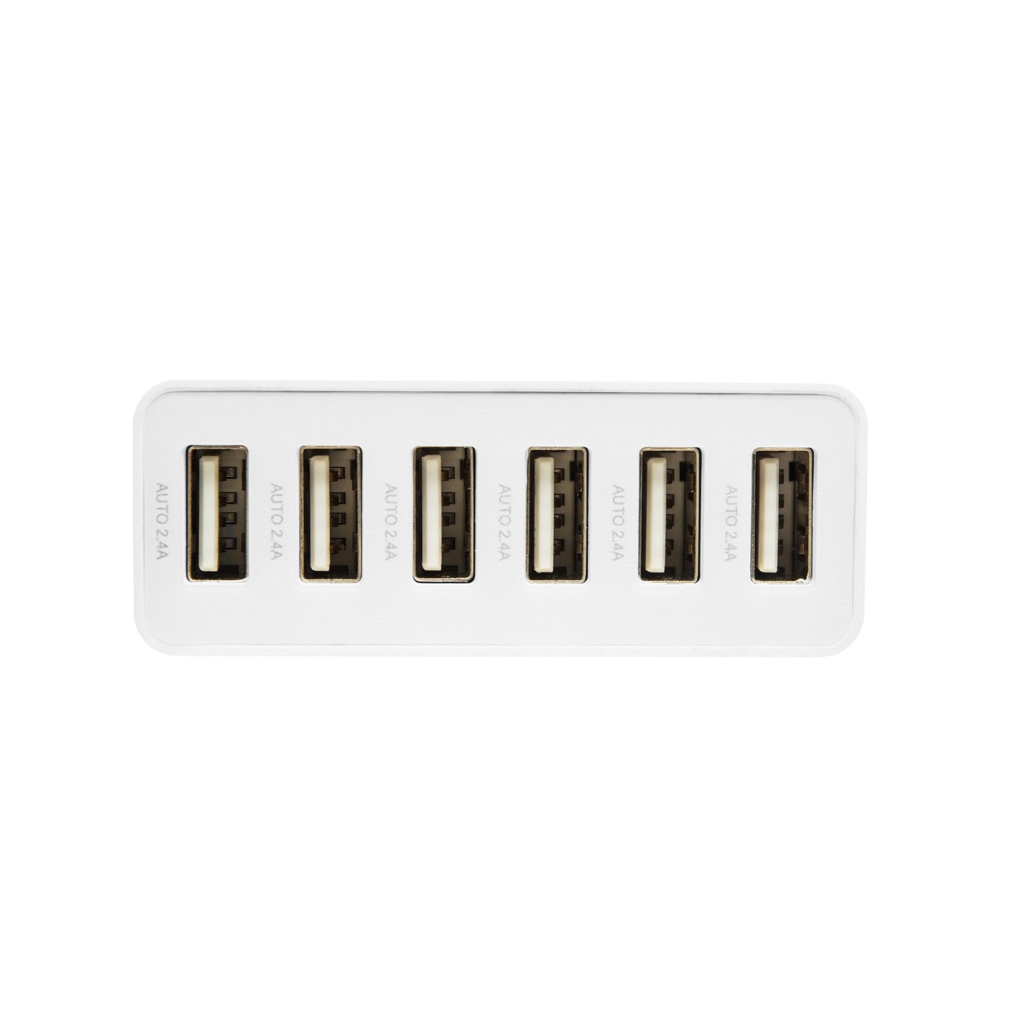Linocell USB-opladestation hvid med 6 USB-A porte i én række, hver mærket AUTO 2.4A.