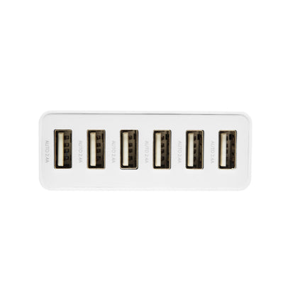 Linocell USB-opladestation hvid med 6 USB-A porte i én række, hver mærket AUTO 2.4A.