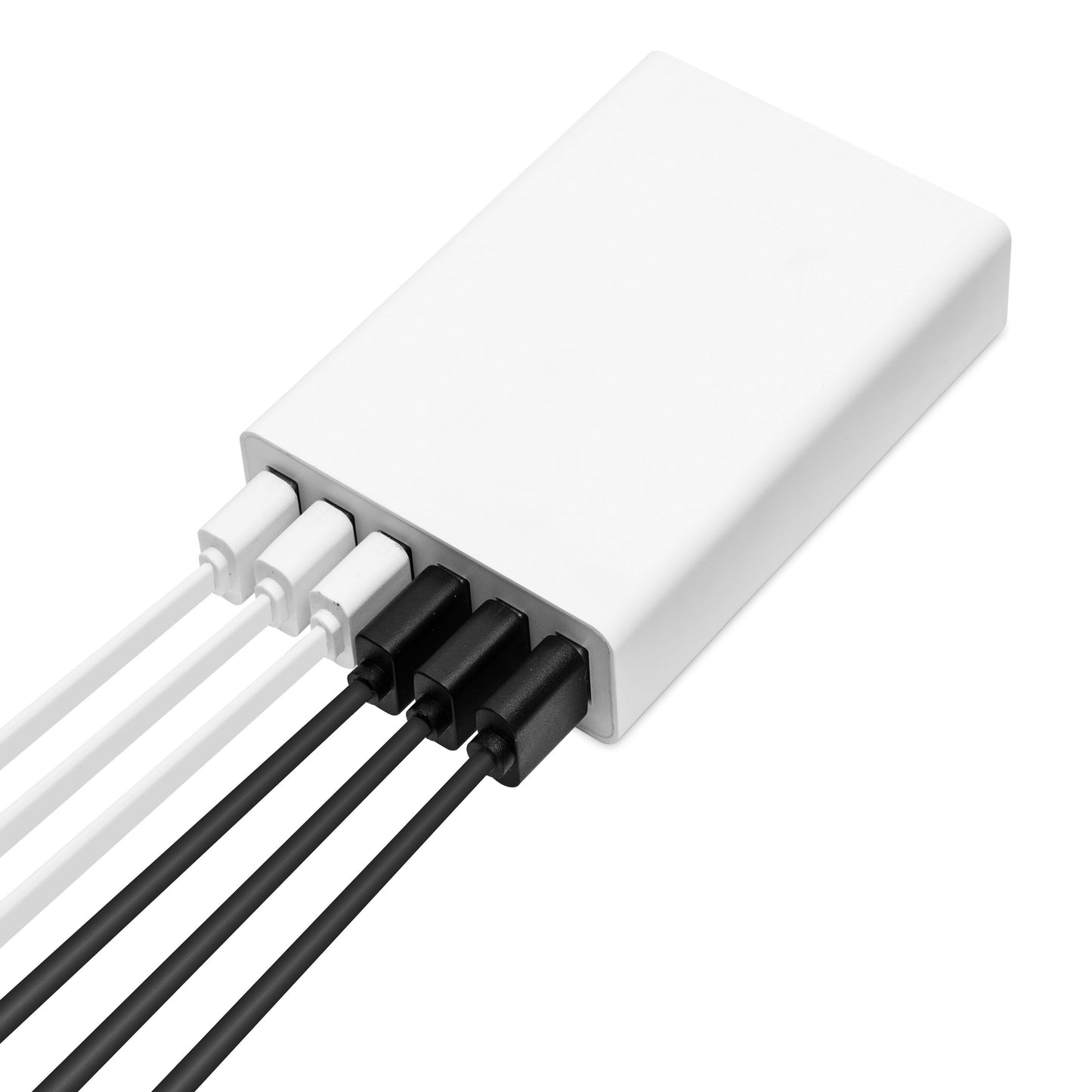 Linocell USB-opladestation 6 porte hvid rektangulær med tre hvide og to sorte kabler til flere enheder.