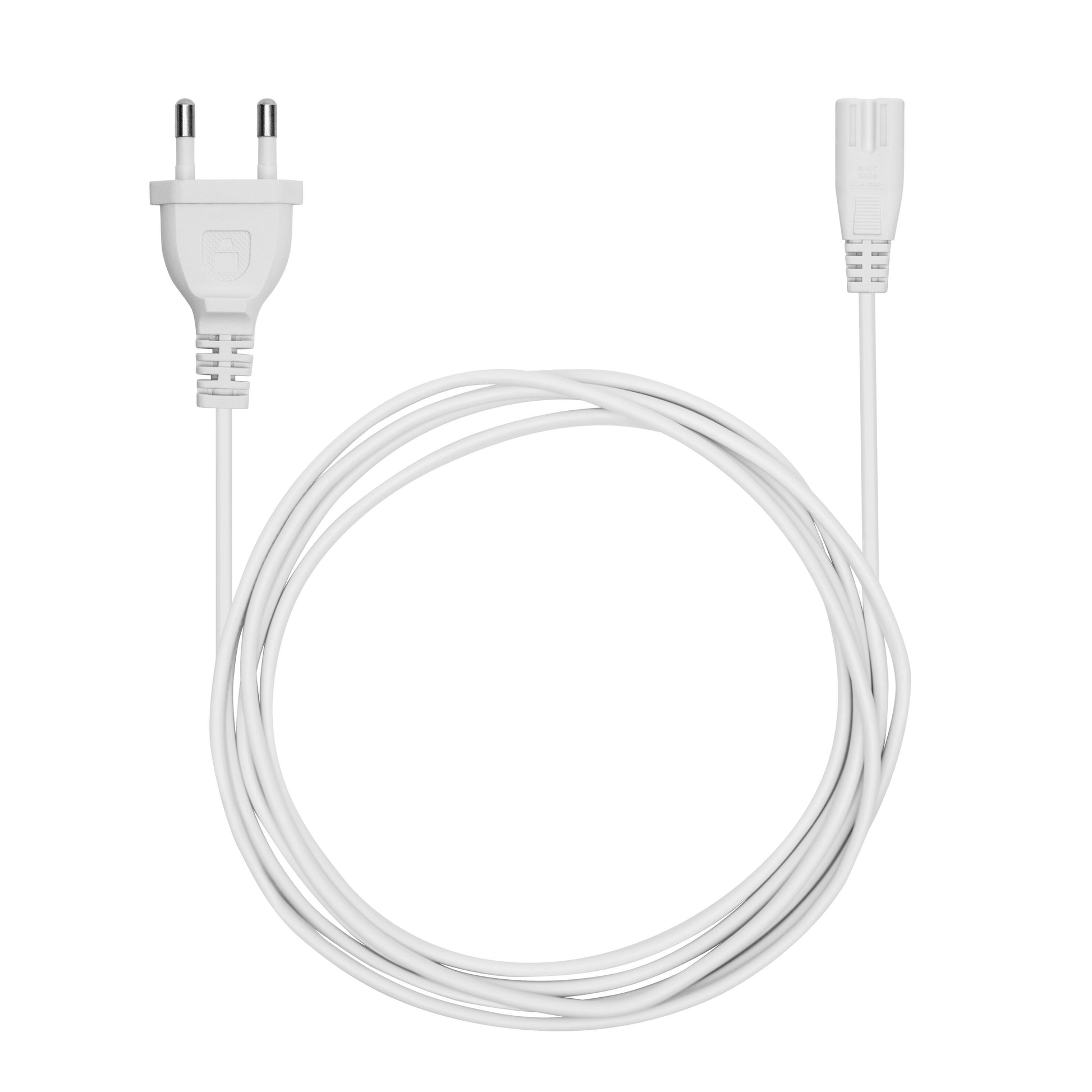 Hvid Linocell strømkabel med europæisk 2-bens stik og 2-huls stik til USB-opladestation 6 porte, løst oprullet.