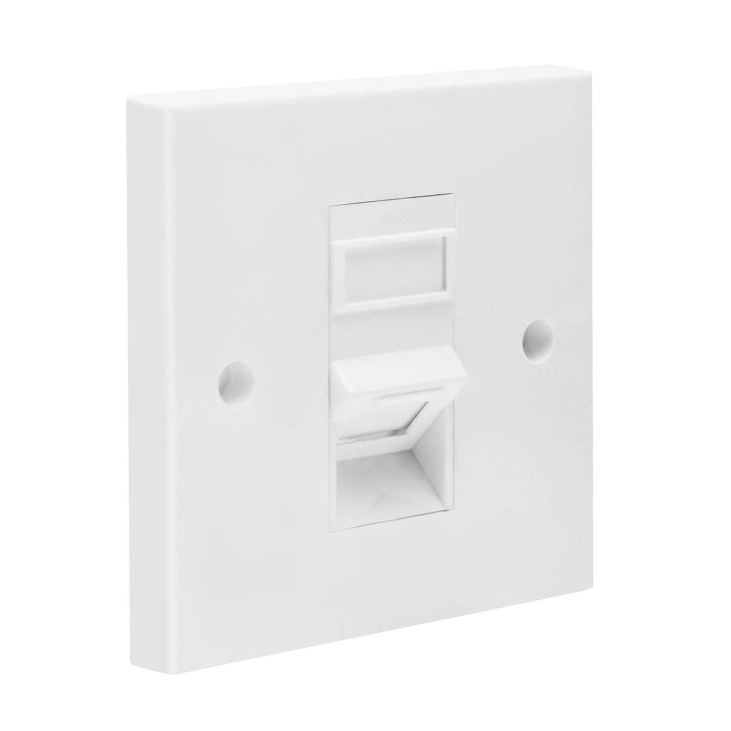 Luxorparts Keystone-vægudtag vinklet, hvid plast, enkelt centreret afbryder, passer keystone-modul, vises fra vinkel.