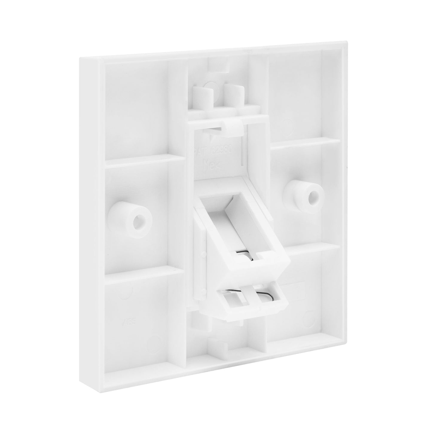 Keystone vægudtag vinklet, hvid plast med rektangulært centerhul og sidehuller, ses bagfra i vinkel.