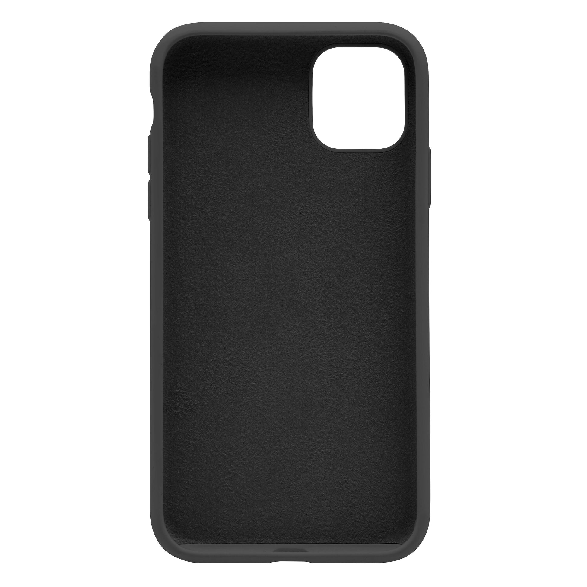 Mobilcover til iPhone 11/XR sort, set bagfra med glat mat finish og stort kamerahul øverst til venstre.