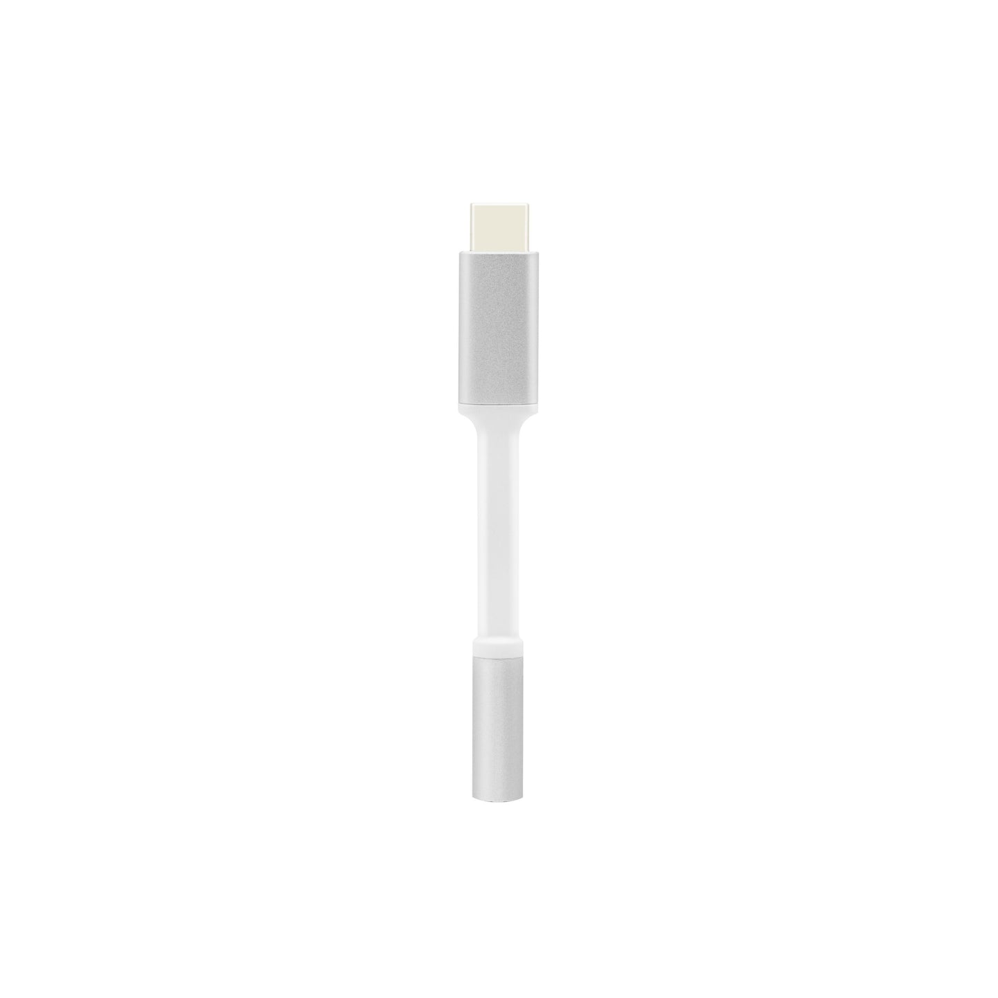 Adapter USB-C til 3,5 mm, hvid med kort kabel, vises lodret, stik til hovedtelefoner og USB-C-enheder.