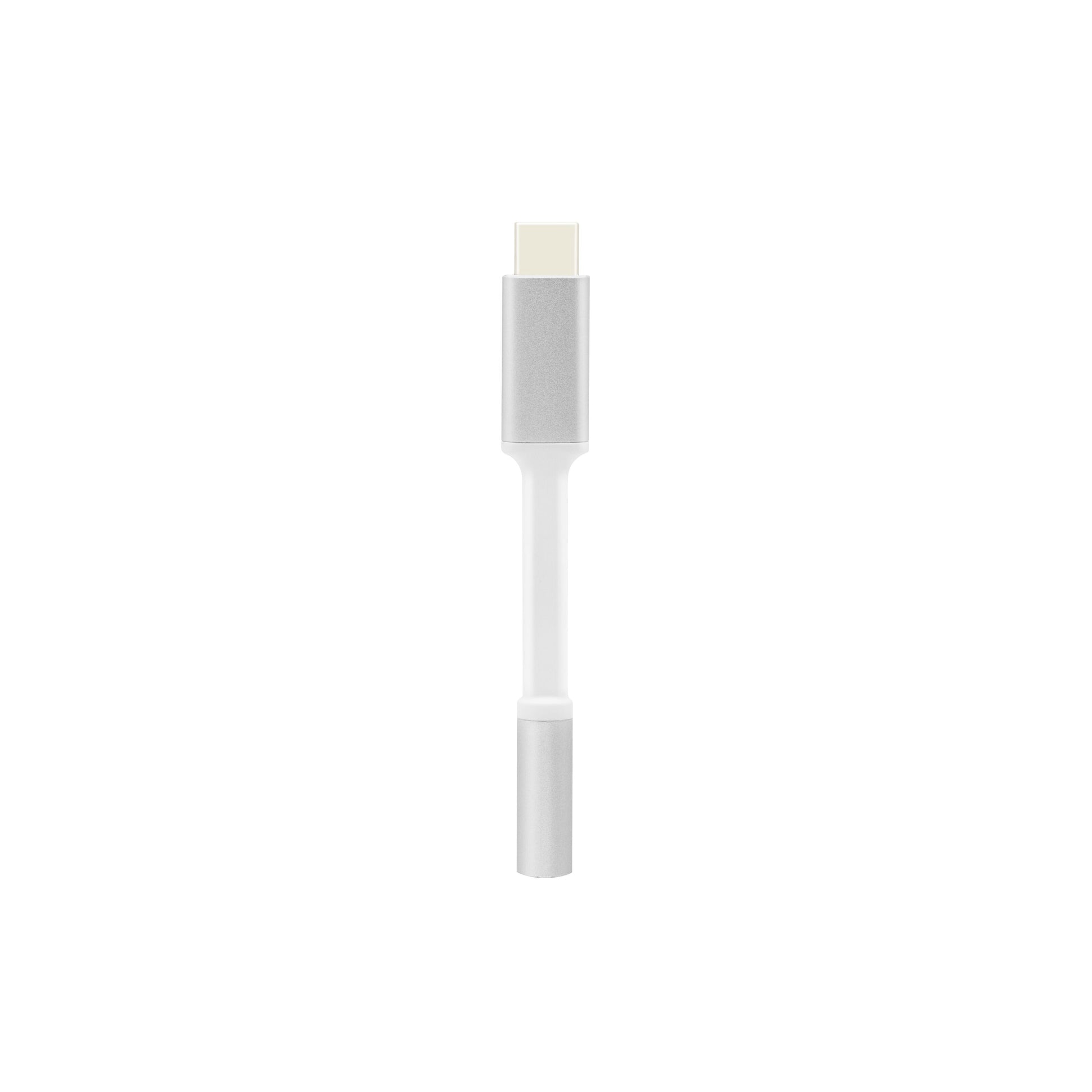 Adapter USB-C til 3,5 mm, hvid med kort kabel, vises lodret, stik til hovedtelefoner og USB-C-enheder.
