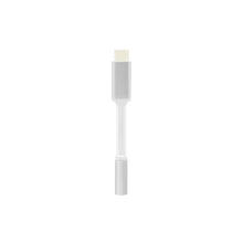Adapter USB-C til 3,5 mm, hvid med kort kabel, vises lodret, stik til hovedtelefoner og USB-C-enheder.