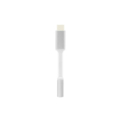 Adapter USB-C til 3,5 mm, hvid med kort kabel, vises lodret, stik til hovedtelefoner og USB-C-enheder.