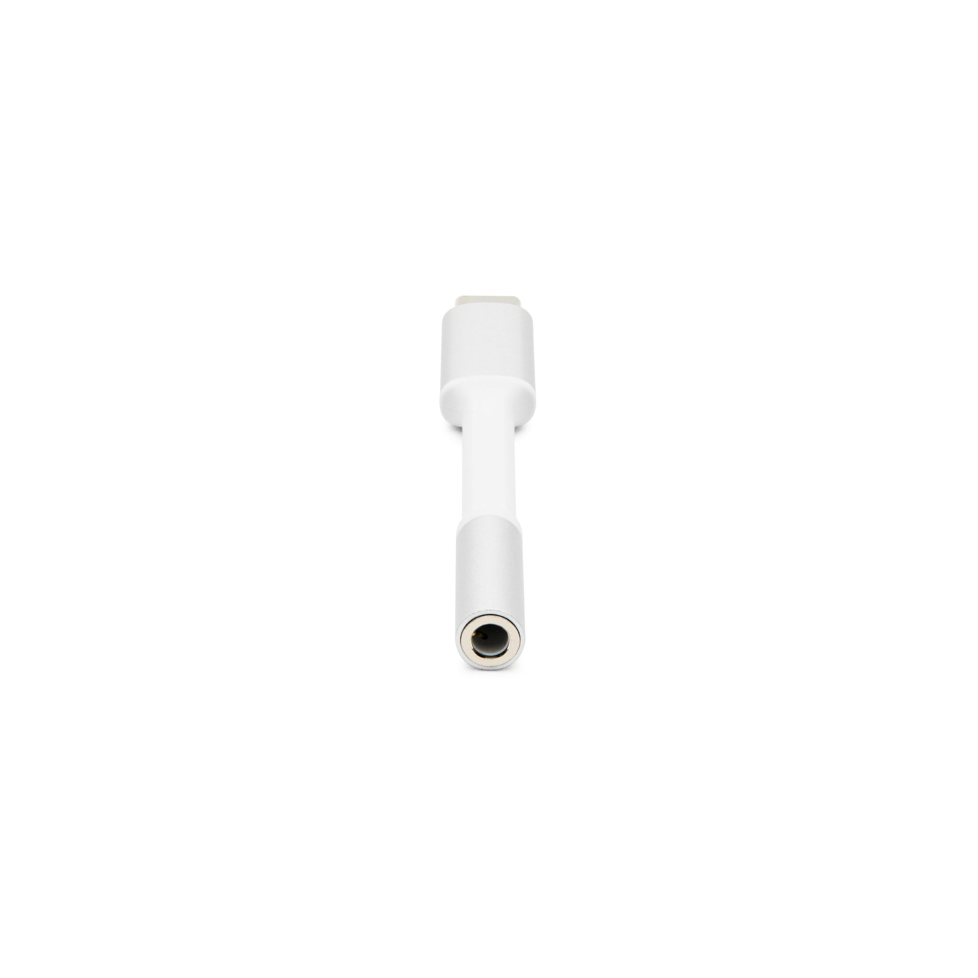Linocell USB-C til 3,5 mm adapter i hvid, sæt fra jack-stik enden med synligt USB-C stik.