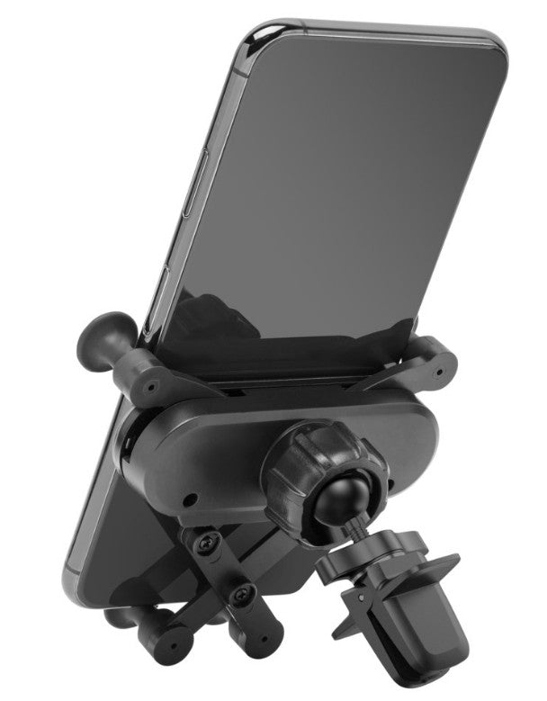 Linocell mobilholder med quick release til ventilatorgitter, sort smartphone spændes hurtigt med drejeknap og klemme.