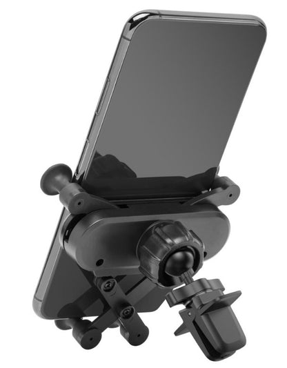 Linocell mobilholder med quick release til ventilatorgitter, sort smartphone spændes hurtigt med drejeknap og klemme.