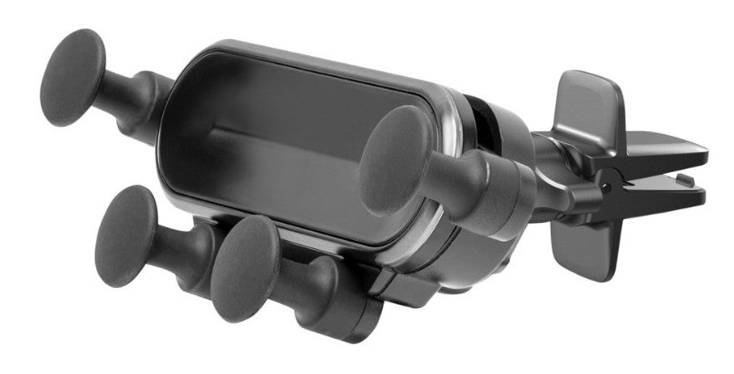 Linocell mobilholder sort med quick release, justerbare greb og ventilationsclips til montering i bilens luftventil.