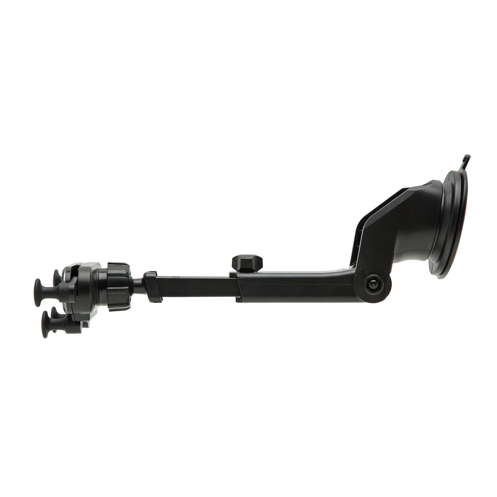 Mobilholder til forrude, sort, justerbar med forlænget arm, flere strammegreb og 360° rotation.