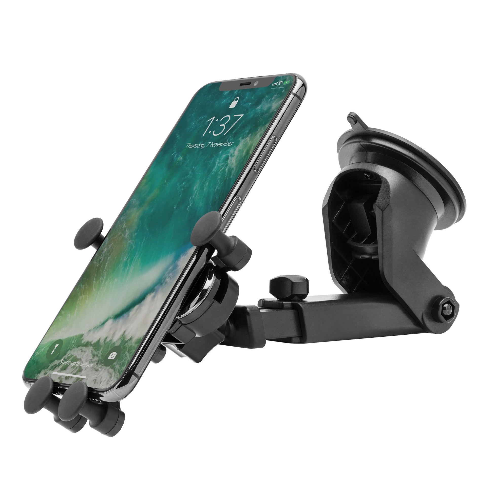 Smartphone i mobilholder med hurtigfastgørelse til forrude, polstrede greb, sugekop og 360° rotation, låseskærm vises.