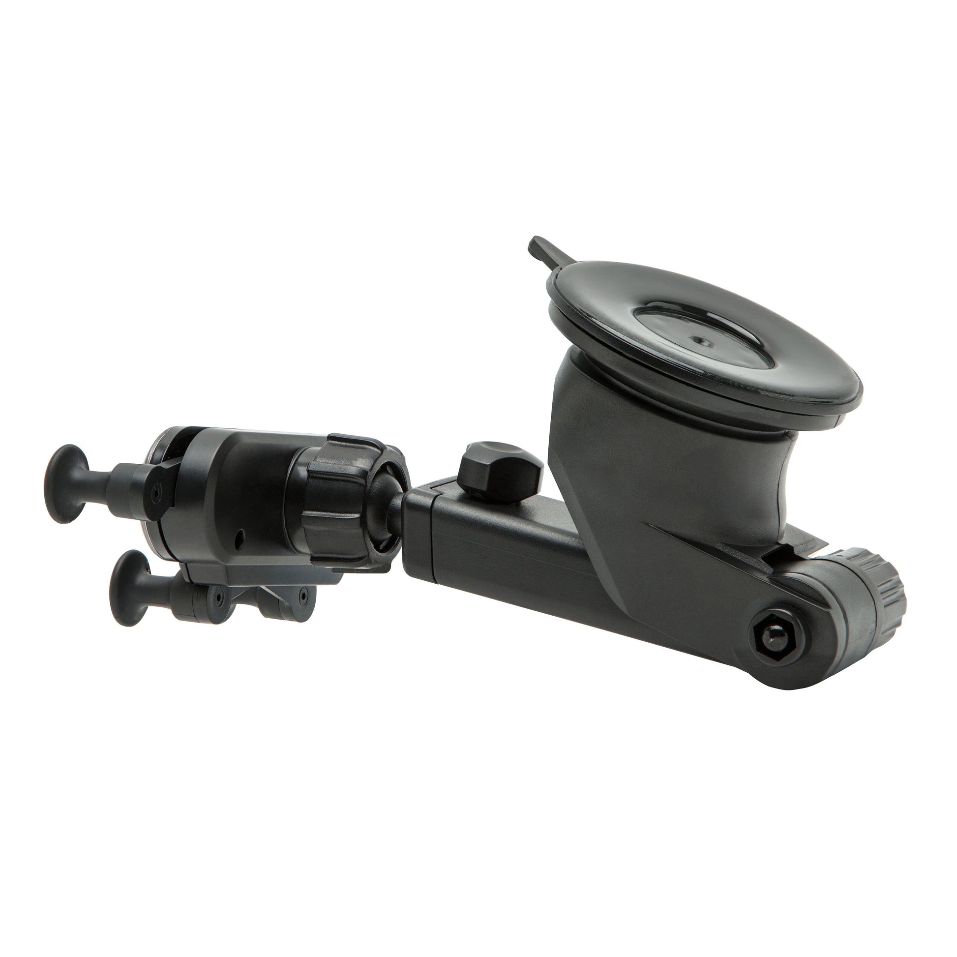 Mobilholder til forrude med sort justerbar arm, sugekopbase og 360° rotation.