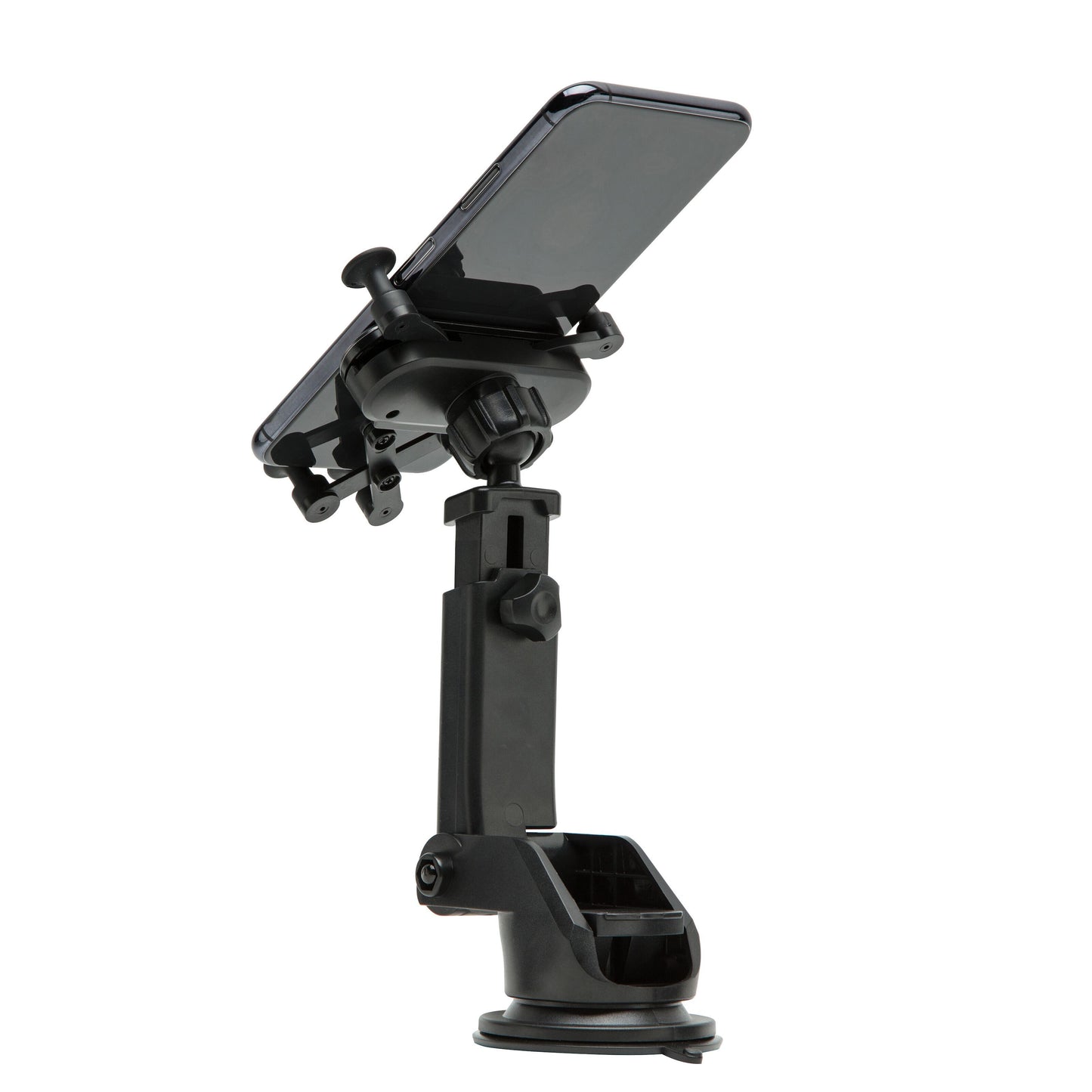 Mobilholder med hurtigfastgørelse til forrude, justerbar arm, sugekop, landskabsformat og 360° rotation.