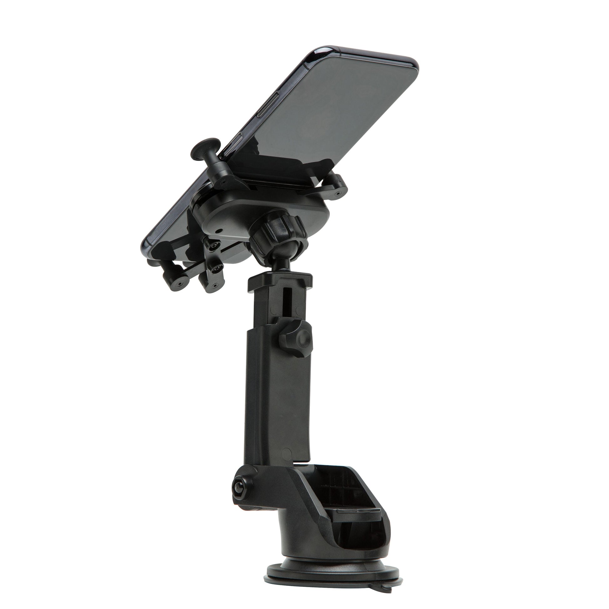 Mobilholder med hurtigfastgørelse til forrude, justerbar arm, sugekop, landskabsformat og 360° rotation.