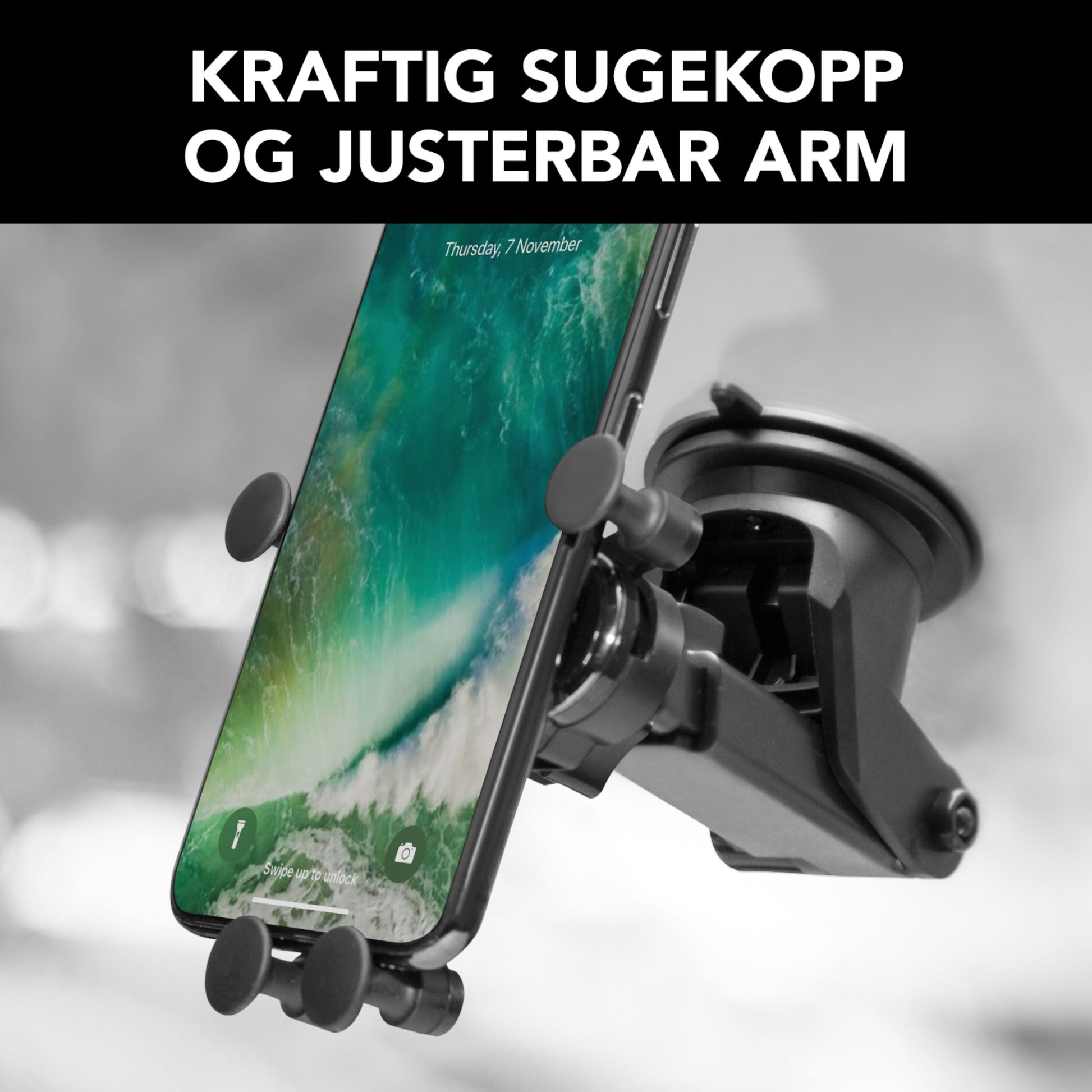 Mobilholder til forrude med kraftig sugekop, justerbar arm og 360° rotation, kompatibel med smartphone.