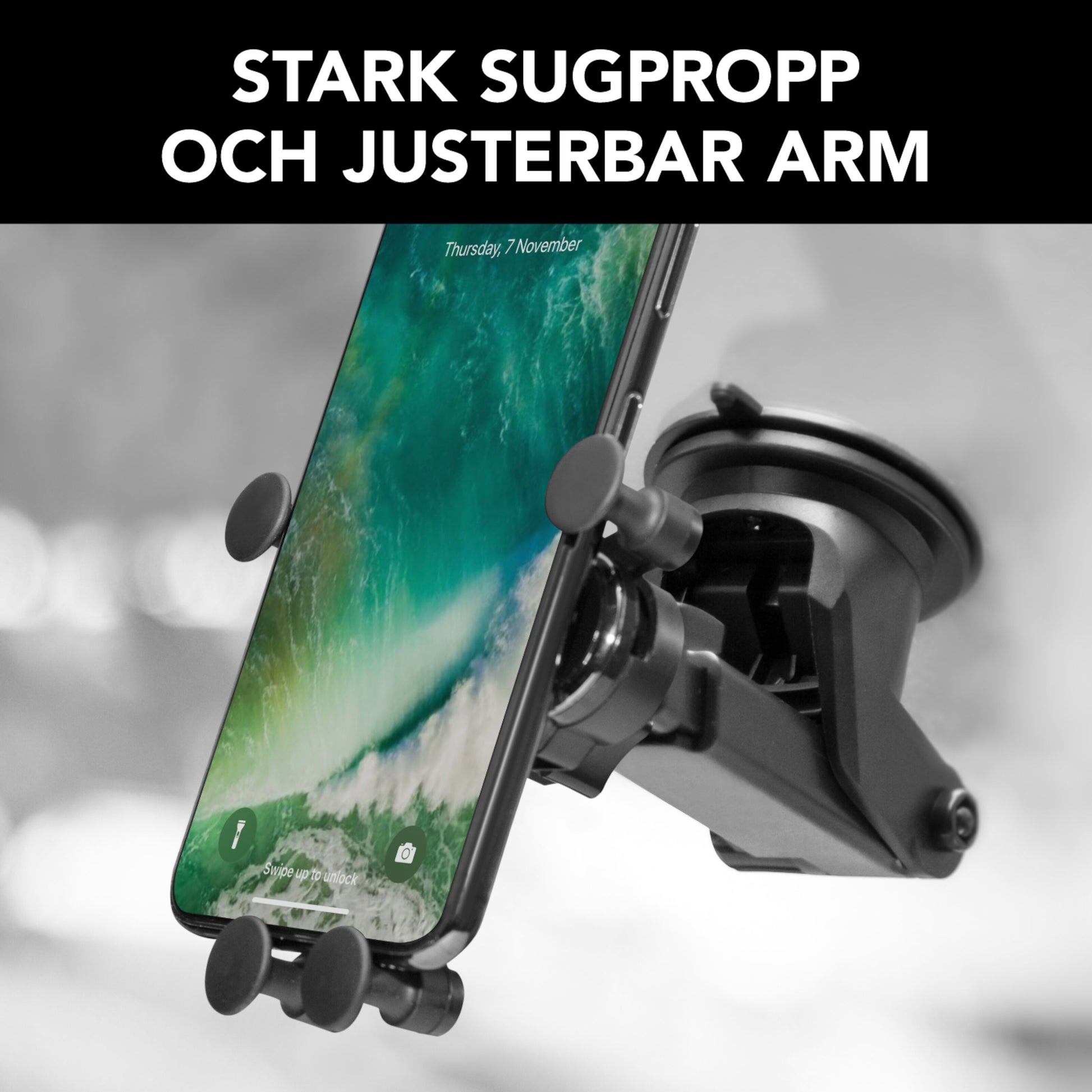 Mobilholder med hurtigfastgørelse til forrude, stærk sugekop, 360° rotation, tekst: STÆRK SUGPROPP OG JUSTERBAR ARM.