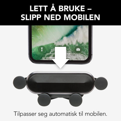 Sort mobilholder med hurtigfastgørelse til forruden, viser smartphone og norsk tekst: Lett å bruke-slipp ned mobilen.