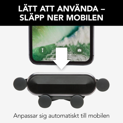 Mobilholder med hurtigfastgørelse til forruden, 360° rotation, pil viser nem placering, svensk tekst: Let at använda.