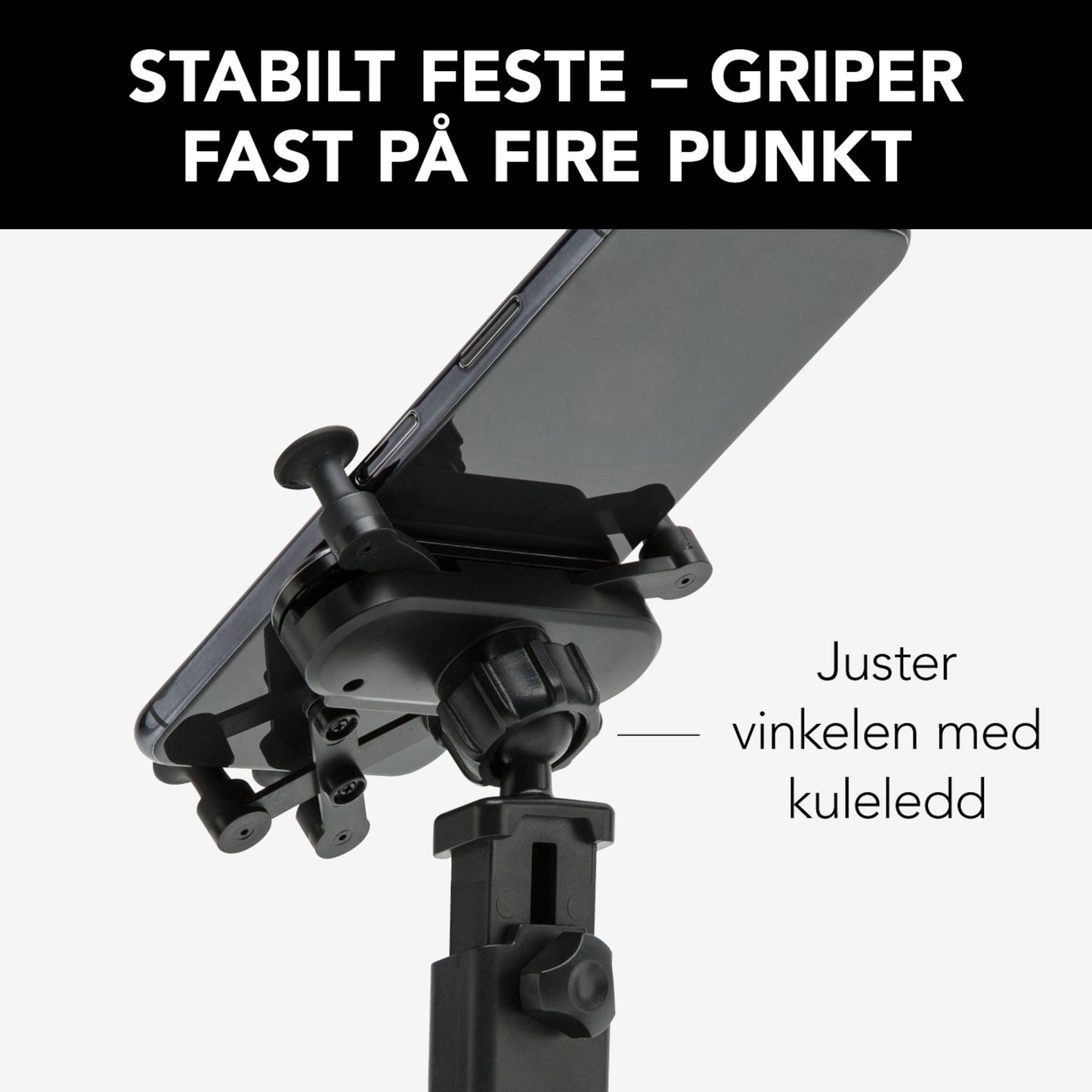 Mobilholder til forrude med fire kontaktpunkter, justerbar vinkel via kugleled og 360° rotation, norsk tekst om funktioner.