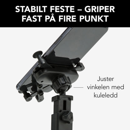Mobilholder til forrude med fire kontaktpunkter, justerbar vinkel via kugleled og 360° rotation, norsk tekst om funktioner.