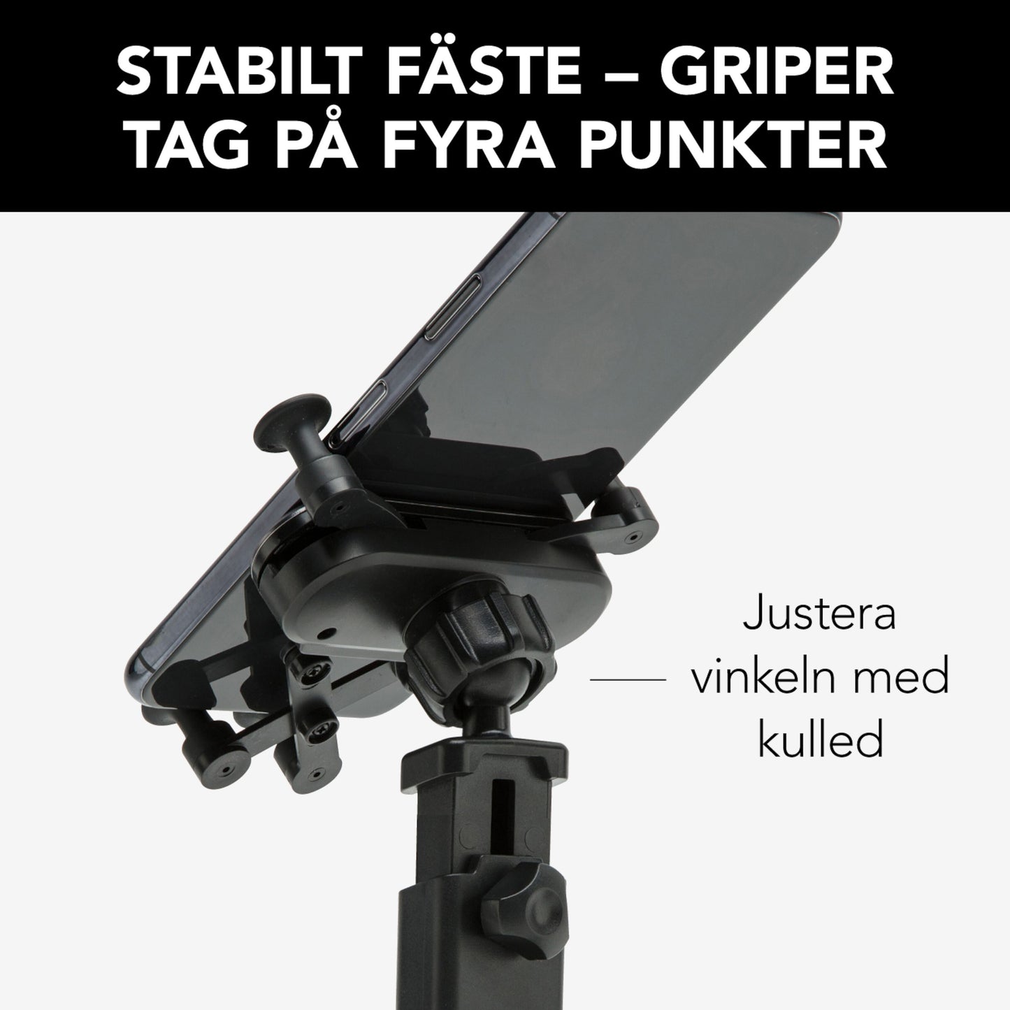 Mobilholder til forrude med hurtigfastgørelse, brandpunktsgreb, 360° justering, svensk tekst: Stabilt fæste.