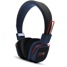 Red Bull Racing trådløse on-ear høretelefoner blå med sort polstret hovedbøjle, røde detaljer, Oracle Red Bull Racing logo.