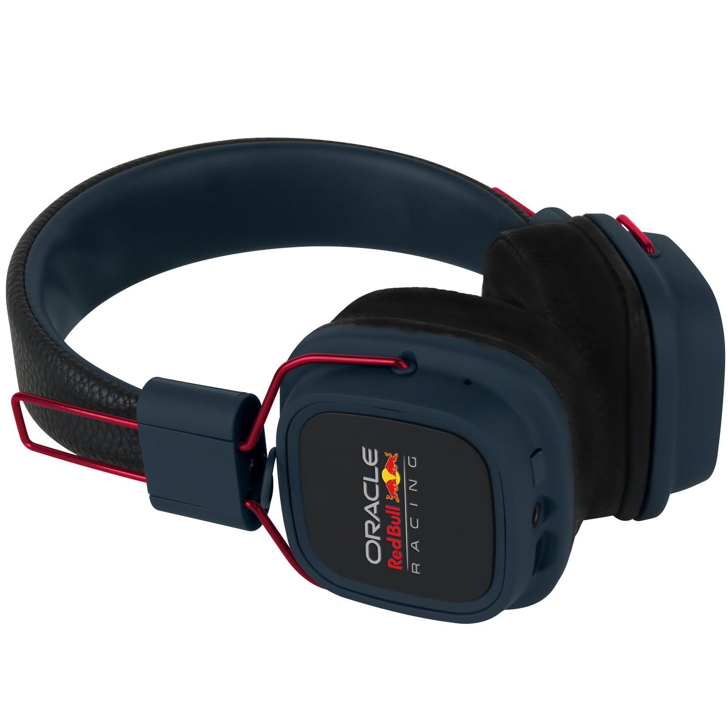 Red Bull Racing trådløse on-ear høretelefoner blå, mørkeblå med røde ledninger, Oracle Red Bull Racing-logo, Bluetooth.