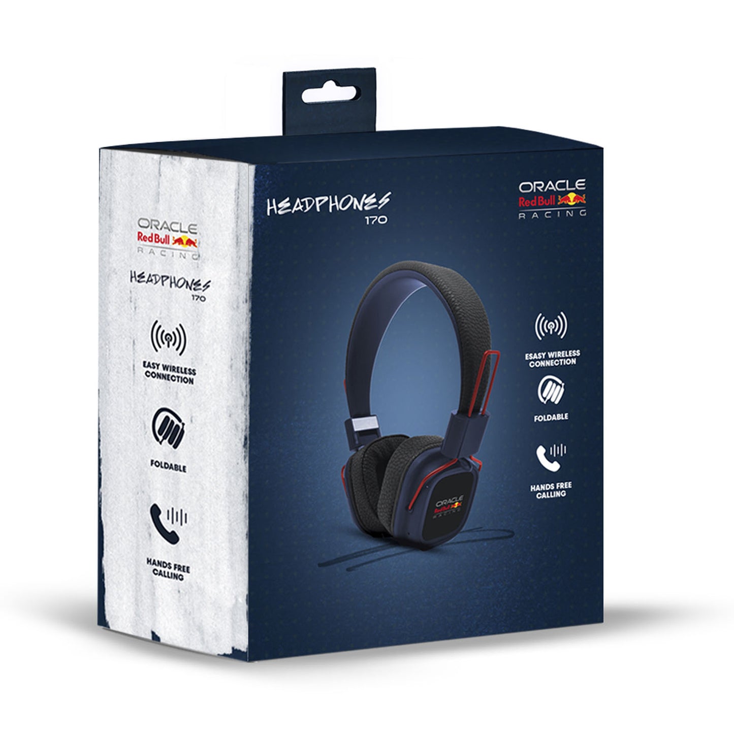 Red Bull Racing Trådløse On-Ear Høretelefoner Blå i blå-sort æske med ikoner til Bluetooth, foldbar og handsfree opkald.