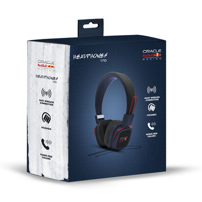 Red Bull Racing Trådløse On-Ear Høretelefoner Blå i blå-sort æske med ikoner til Bluetooth, foldbar og handsfree opkald.