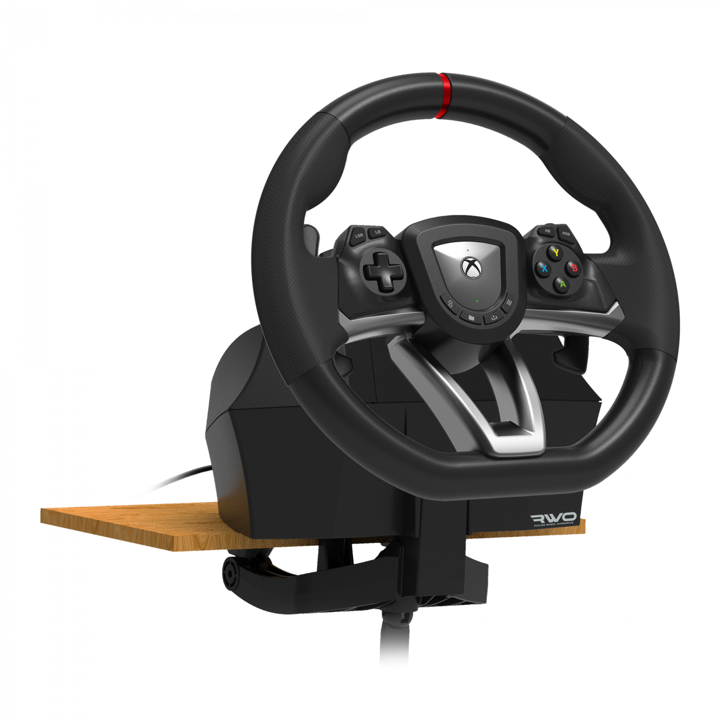 Hori Xbox Racing Wheel Overdrive til Xbox Series X/S og PC, sort rat med knapper, paddles og Xbox-logo, monteret på træ.