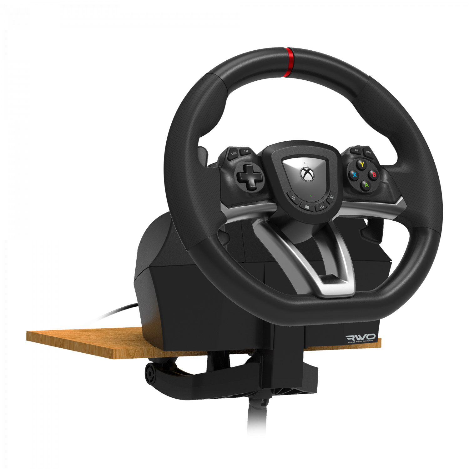 Hori Xbox Racing Wheel Overdrive til Xbox Series X/S og PC, sort rat med knapper, paddles og Xbox-logo, monteret på træ.