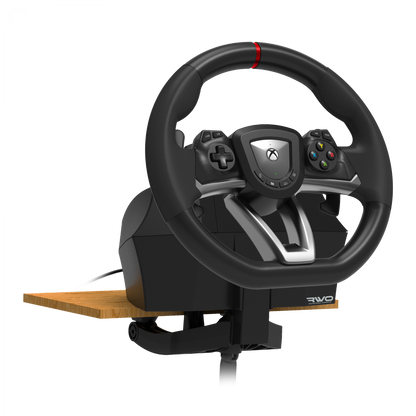 Hori Xbox Racing Wheel Overdrive til Xbox Series X/S og PC, sort rat med knapper, paddles og Xbox-logo, monteret på træ.
