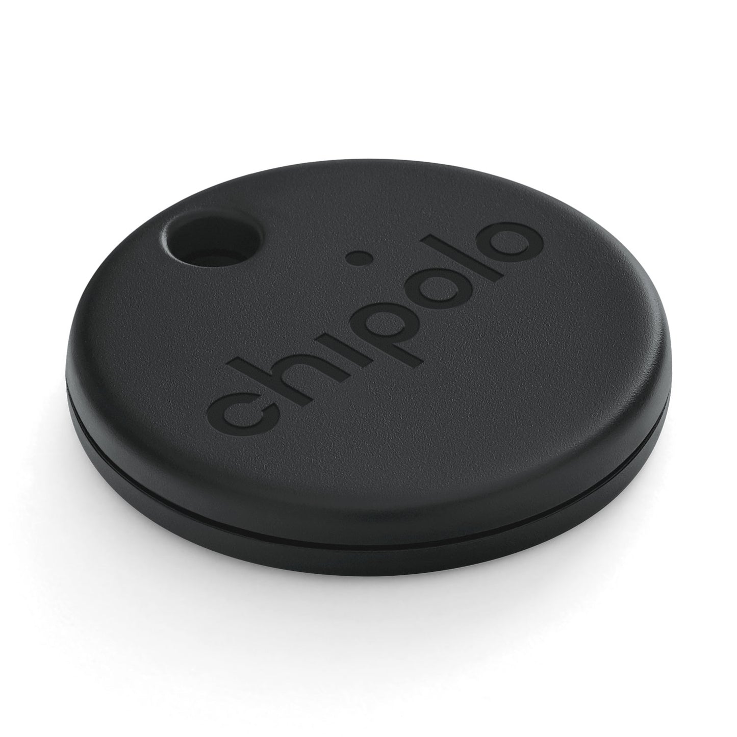 Chipolo One Spot sort rund Bluetooth nøglefinder med hul i kanten og Chipolo-logo, kompatibel med Apple Find My.