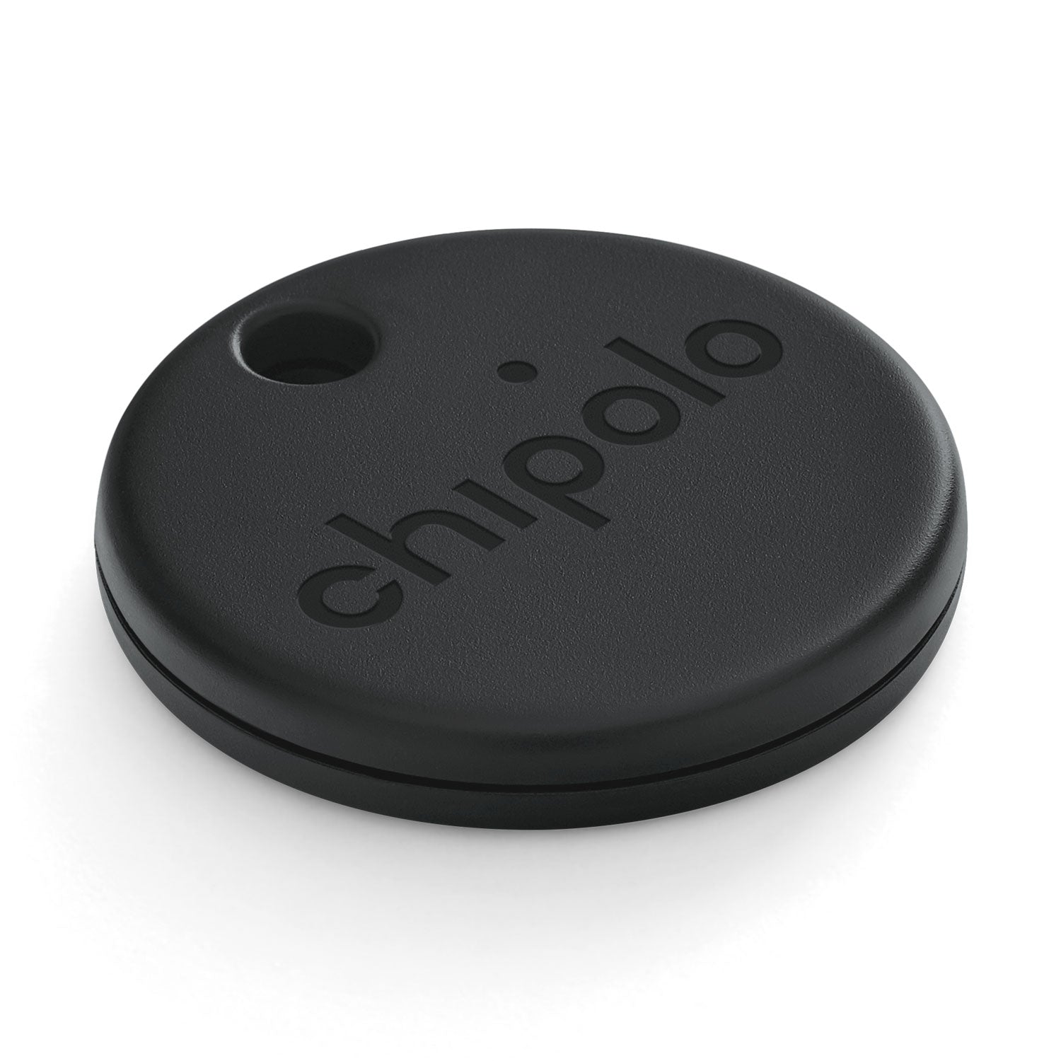 Chipolo One Spot sort rund Bluetooth nøglefinder med hul i kanten og Chipolo-logo, kompatibel med Apple Find My.