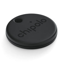 Chipolo One Spot sort rund Bluetooth nøglefinder med hul i kanten og Chipolo-logo, kompatibel med Apple Find My.