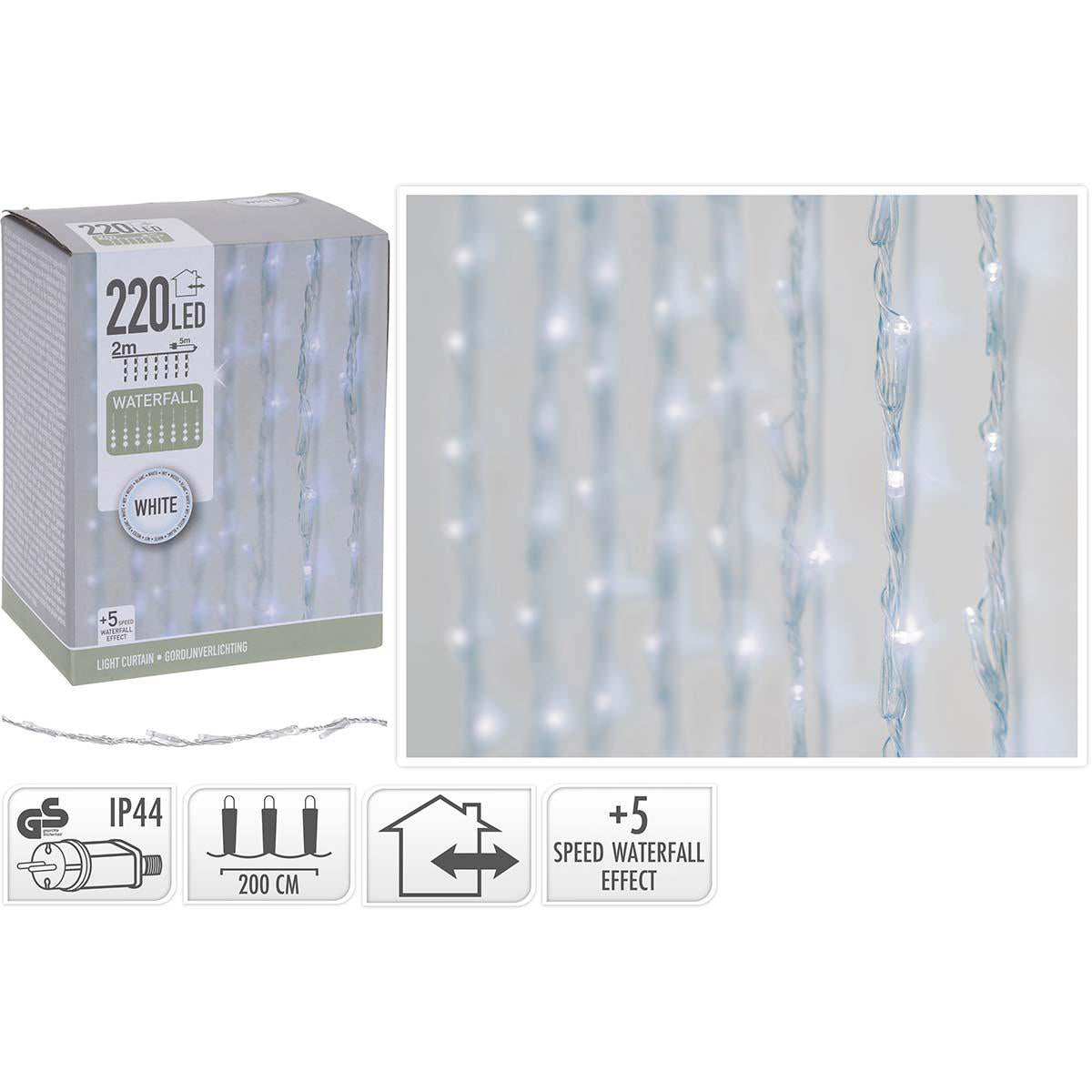 Nedis 230V lysgardin med 220 kolde hvide LED, 200 cm, IP44, udendørs brug, 5-trins vandfaldseffekt, kasse og close-up.