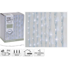 Nedis 230V lysgardin med 220 kolde hvide LED, 200 cm, IP44, udendørs brug, 5-trins vandfaldseffekt, kasse og close-up.