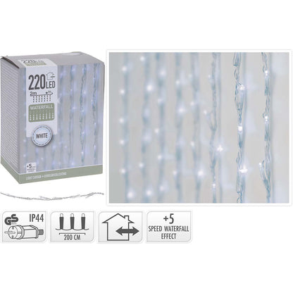 Nedis 230V lysgardin med 220 kolde hvide LED, 200 cm, IP44, udendørs brug, 5-trins vandfaldseffekt, kasse og close-up.