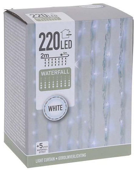 Nedis 230V lyskæde lysgardin, 220 cool white LED, 2m x 5m, +5 speed effekt, udendørs brug.