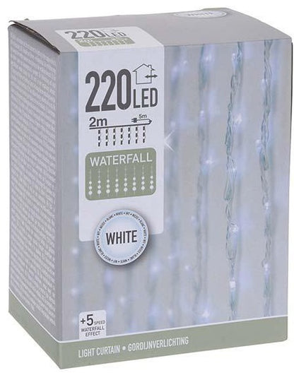 Nedis 230V lyskæde lysgardin, 220 cool white LED, 2m x 5m, +5 speed effekt, udendørs brug.