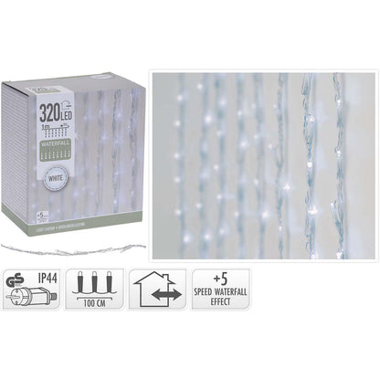 Lysgardin 230V 320 LED kølig hvid, vandfaldseffekt, IP44, 1x5m, til inde/ude brug, 5 hastigheder, i æske med klare ledninger.