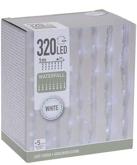 Nedis 230V lysgardin 320 kølig hvid LED 1x5 m, 5 hastigheder, "kølig hvid" og detaljer på hvid/grå æske.