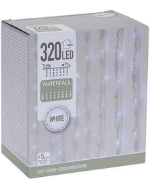 Nedis 230V lysgardin 320 kølig hvid LED 1x5 m, 5 hastigheder, "kølig hvid" og detaljer på hvid/grå æske.