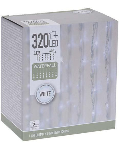Nedis 230V lysgardin 320 kølig hvid LED 1x5 m, 5 hastigheder, "kølig hvid" og detaljer på hvid/grå æske.