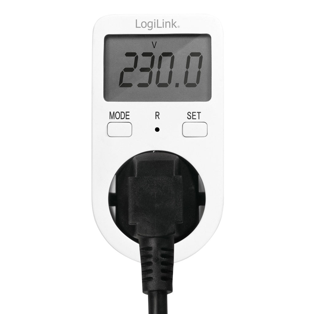 Logilink digital strøm/energiberegner, display viser 230,0 volt, sort Schuko-stik tilsluttet, knapper Mode/R/Set under display.
