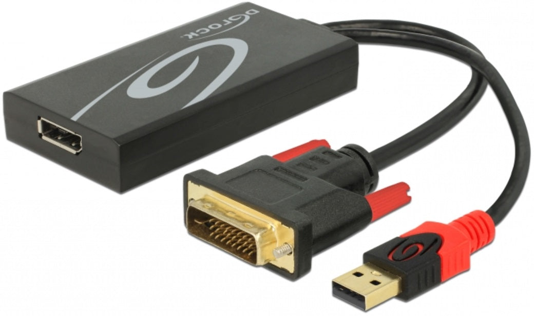 DVI til DisplayPort 1.2 adapter 4K sort med DVI, DisplayPort 1.2 og USB stik.