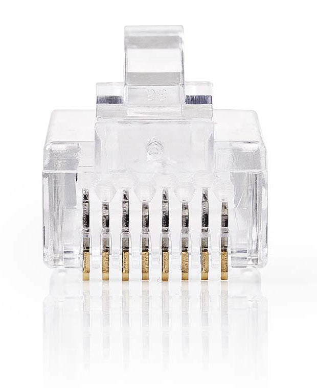RJ45 modularstik til blød Cat 6 UTP kabel, 10 stk, otte guldbelagte kontakter i transparent plastikhus.